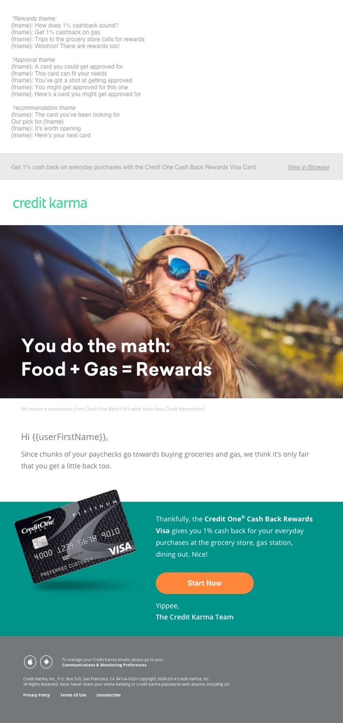 Credit One Cash Back comp with subject line options above the email
