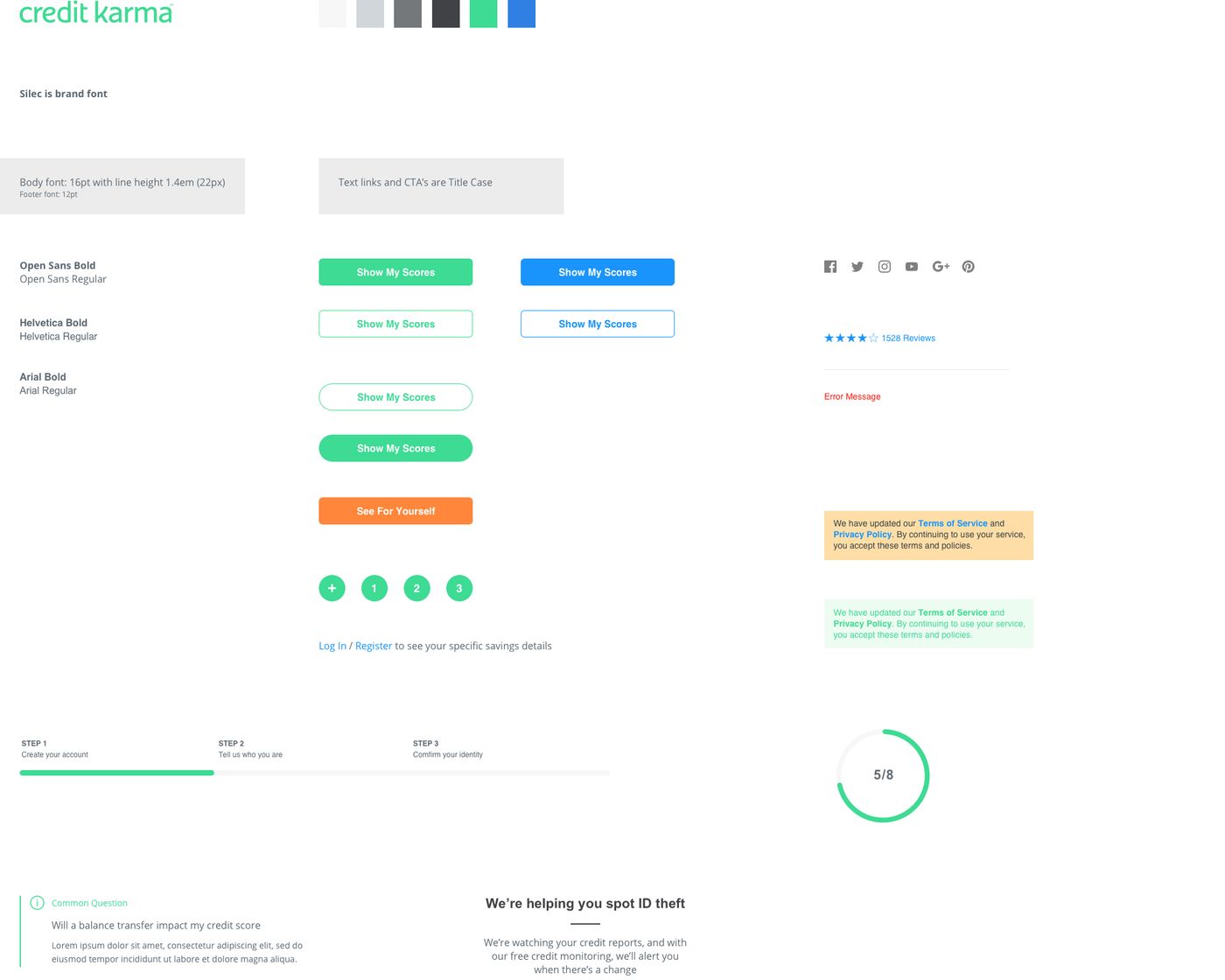 Board of Credit Karma email parts: colors, type, buttons, star rating, icons and banners