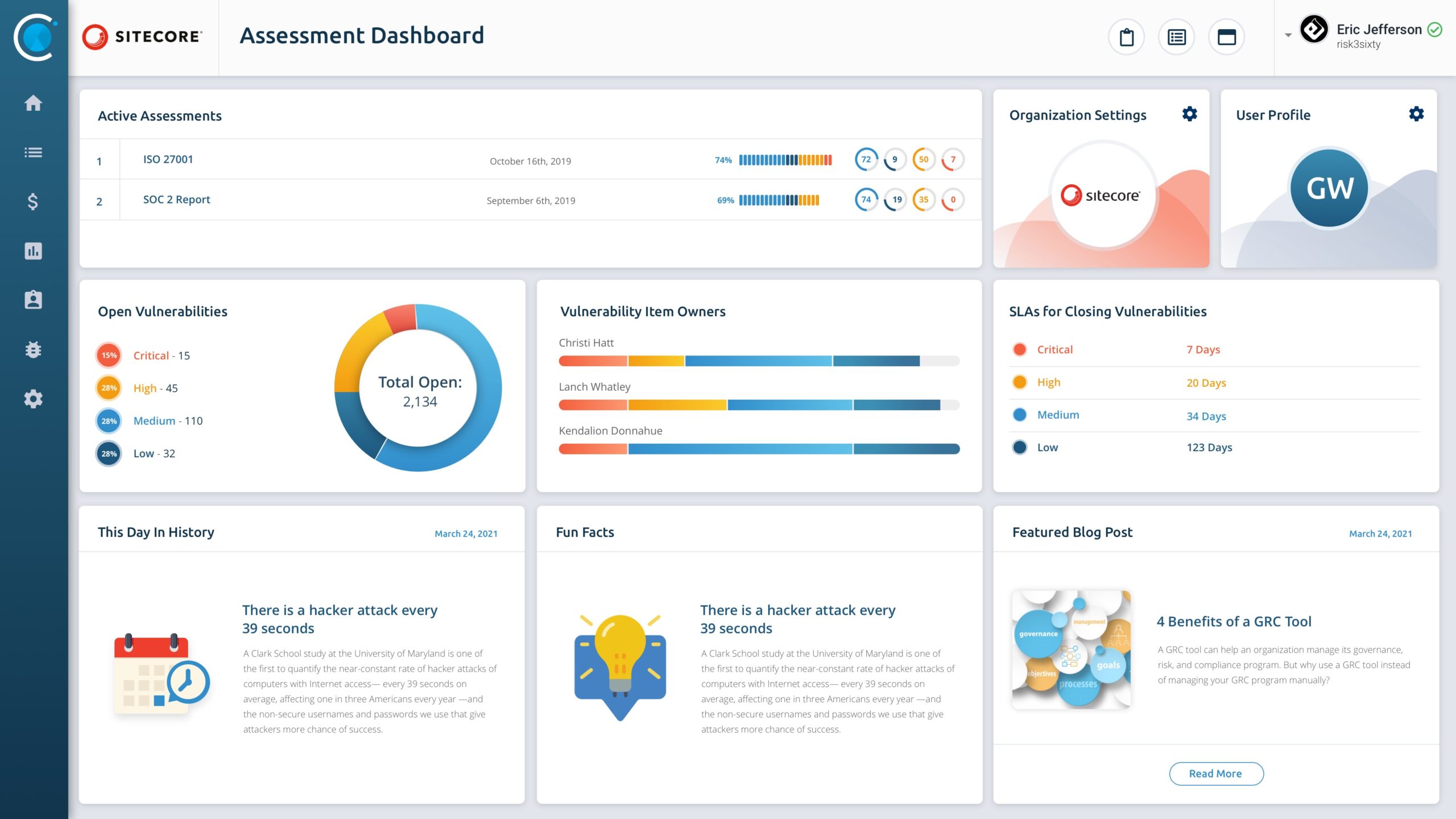 Assessment Dashboard with active assessments, an open vulnerabilities donut chart, bars and cards